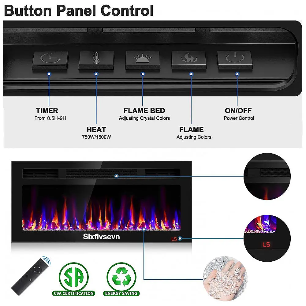 Lareira Elétrica Sixfivsevn 91x41cm 1500W 12 Cores LED Timer Embutir 110V — foto 3