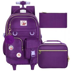 Mochila escolar CCJPX com rodinhas roxa, conjunto 3 peças com lancheira e estojo, resistente à água