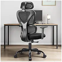 Cadeira de Escritório Ergonômica Giratória com Apoio de Braços, Suporte Lombar Ajustável e Apoio de Cabeça, FELIXKING, Preto