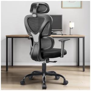 Cadeira de Escritório Ergonômica Giratória com Apoio de Braços, Suporte Lombar Ajustável e Apoio de Cabeça, FELIXKING, Preto