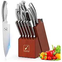 Conjunto de Facas com Bloco de Bancada e Cabo Ergonômico, 15 Peças, IMARKU, Marrom Escuro