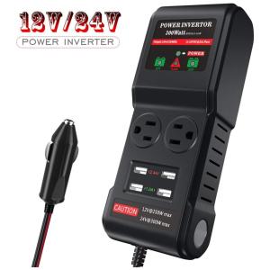 Inversor de Potência LST 300W 12V, 24V para 2 Portas AC e 4 USB Soquete de Isqueiro, 110v, LEICESTERCN, Preto