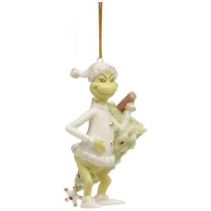 Enfeite Natalino Lenox Grinch Roubo da Árvore Porcelana Cordão Dourado Detalhes 24K 2.5”