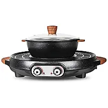 Grill e Panela Elétrica Antiaderente, com Controle Independente de Temperatura, 110V 1000W, Tinsay, Preta
