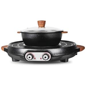 Grill e Panela Elétrica Antiaderente, com Controle Independente de Temperatura, 110V 1000W, Tinsay, Preta