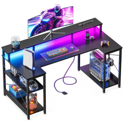 Mesa Gamer em U ODK 122 cm com Luzes LED e Tomadas Elétricas, Suporte para Monitor e Prateleiras de Armazenamento, Acabamento Fibra de