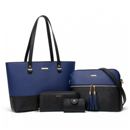 Conjunto de Bolsas Femininas em Couro Sintético 4 Peças com Carteira, Lovematch, Preto e Azul
