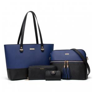 Conjunto de Bolsas Femininas em Couro Sintético 4 Peças com Carteira, Lovematch, Preto e Azul