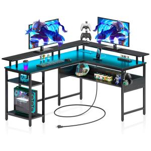Mesa Gamer em Formato de L, 56.7" 144 cm com Ganchos para Fones de Ouvido, Luz LED, Tomadas e Suporte para Monitor, 110V