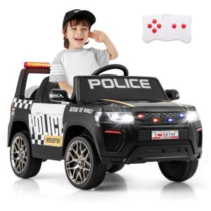 Carro Elétrico Infantil Policial a Bateria com 3 Velocidades, Sirene, Buzina e Música, 12V, HONEY JOY, Preto