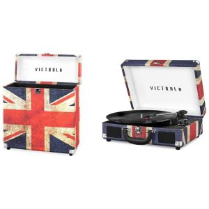 Toca Discos Portátil de 3 Velocidades com Bluetooth e Caixa de Armazenamento para Discos de Vinil, Victrola, UK Bandeira