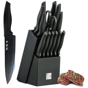 Conjunto de Facas em Aço Inoxidável de Alto Carbono com Bloco de Bancada, 14 Peças, ZHANG XIAO, Preto Fosco