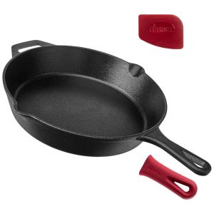 Frigideira de Ferro Fundido Pre Preparada com Tampa e Alças de Silicone, CUISINEL, Preto