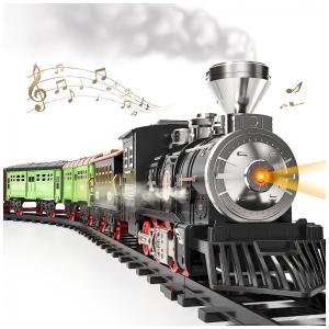Conjunto de Trenzinho de Brinquedo com Vapor de 3 Vias, Luz e Sons para Crianças de 3 a 7 anos, TEMI, Preto