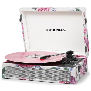 Toca Discos Vintage com 3 Velocidades, Alto Falantes Embutidos, Gravação USB e Entrada para Fone, TANLANIN, Branco Floral
