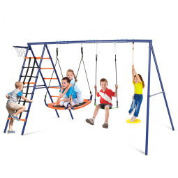 Playground Infantil de Metal com Cesta de Basquete, Redes de Escalada Ajustáveis e Balanços, SIHANM, Azul