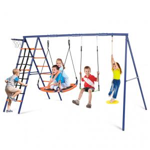 Playground Infantil de Metal com Cesta de Basquete, Redes de Escalada Ajustáveis e Balanços, SIHANM, Azul