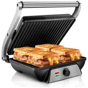 Sanduicheira e Grill Elétrico 3 em 1 com Superfície Antiaderente e Abertura 180 e Bandeja Coletora Removível, 1500W, 110v, SUSTEAS, Prata