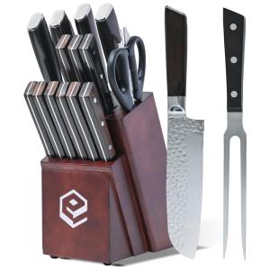 Conjunto de Facas ECOMERR em Aço Inoxidável com Bloco de Bancada e Afiador Embutido, 16 Peças, Vermelha