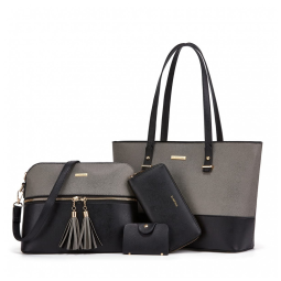Conjunto de Bolsas Femininas em Couro Sintético 4 Peças com Carteira, Lovematch, Preto e Cinza Escuro