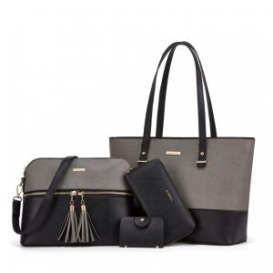 Conjunto de Bolsas Femininas em Couro Sintético 4 Peças com Carteira, Lovematch, Preto e Cinza Escuro