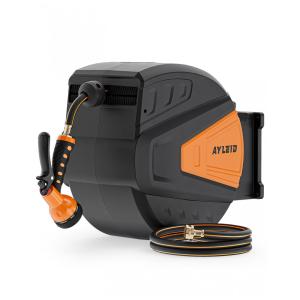 Mangueira de Jadim 30M com Enrolador Retrátil, Bico Pulverizador 9 Funções e Sistema de Retorno Lento, Ayleid, Laranja e Preto