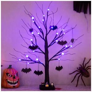 Árvore de Halloween à Bateria com 24 Luzes Roxas, 8 Enfeites de Morcego, Preta