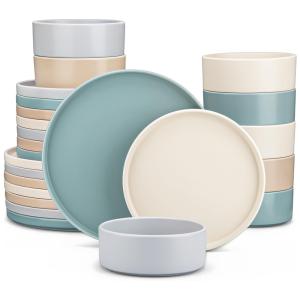 Aparelho de Jantar com 16 Peças em Cerâmica com Esmalte de Gergelim, Vancasso Sesam, Cinza Claro