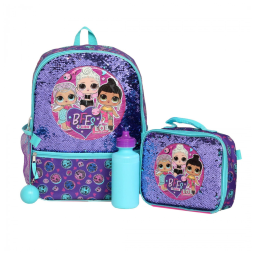 Mochila Escolar Infantil 40cm L.O.L. Surprise 4 Peças com Lancheira para Crianças, Roxa