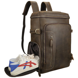 Mochila Masculina para Laptop de Couro, LANNSYNE, Marrom