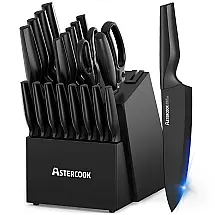 Conjunto de Facas de Cozinha Astercook 21 Peças Preto com Afiador Integrado e Bloco em Madeira