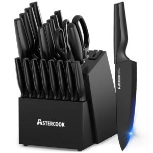 Conjunto de Facas de Cozinha Astercook 21 Peças Preto com Afiador Integrado e Bloco em Madeira