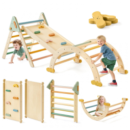 Conjunto Tiny Land Pikler Triangle, Montessori 7 em 1 Dobrável para Escalada de Crianças, Ginásio de Madeira para Playground Interno,