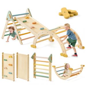 Conjunto Tiny Land Pikler Triangle, Montessori 7 em 1 Dobrável para Escalada de Crianças, Ginásio de Madeira para Playground Interno,