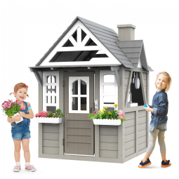 Casa com Quintal Seizeen, em Pinheiro Cinza Moderno, com Pia, Fogão, Utensílios e Suportes para Vasos de Plantas - 120cm