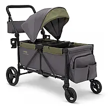 Carrinho de Passeio Vagão Duplo Multifuncional com Capota e Armazenamento, Jeep, Cinza e Verde