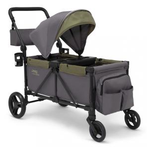 Carrinho de Passeio Vagão Duplo Multifuncional com Capota e Armazenamento, Jeep, Cinza e Verde