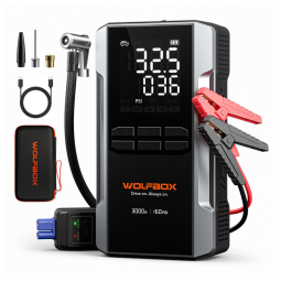 Jump Starter (Aux.de partida) com Compressor WOLFBOX 3000A Preto 59.2Wh 160 PSI Gasolina 8L Diesel 6L 12V