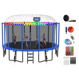 Trampolim redondo DeepRoar azul com rede de proteção, cesta de basquete, luz LED, aspersor de água e capacidade até 680kg
