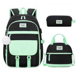 Mochila Bevalsa 3 em 1 verde e preta com lancheira e estojo, para notebook até 15,6"
