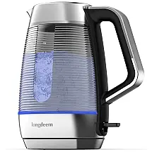 Chaleira Elétrica 1,5L com Indicador de Luz LED, sem BPA e Copo de Vidro Resistente, 1500W, LONGDEEM, Prata
