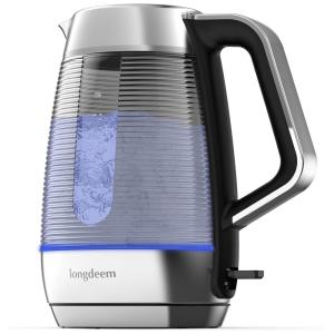 Chaleira Elétrica 1,5L com Indicador de Luz LED, sem BPA e Copo de Vidro Resistente, 1500W, LONGDEEM, Prata