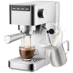Máquina de Café Expresso 15 Bar com Batedor de Leite e Design em Aço Inoxidável, 110V 1350W, Auertech, Prata