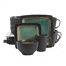 Aparelho de Jantar com 16 Peças em Cerâmica Reativa e Formato Quadrado, Gibson Elite Ocean Paradise, Verde Jade