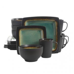 Aparelho de Jantar com 16 Peças em Cerâmica Reativa e Formato Quadrado, Gibson Elite Ocean Paradise, Verde Jade