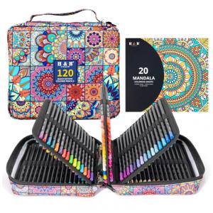 Conjunto 120 lápis de cor H & B Black Wood com livro para colorir em papel preto, borracha e apontador, estojo mandala com zíper