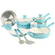 Jogo de Panelas e Frigideiras Antiaderentes em Alumínio com Utensílios, 16 Peças, Spice by Tia Mowry, Azul Claro