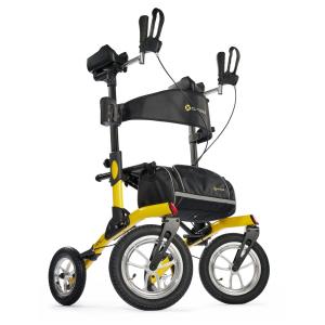 Andador para Idoso Dobrável até 136kg com Assento, Pneus Pneumáticos e Porta Bengala, Comodita, Amarelo