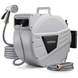 Mangueira de Jadim 30M com Enrolador Retrátil, Conector de Latão, Bico Pulverizador de 9 Padrões e Rebobinamento Automático, Modiwell, Cinza