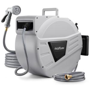 Mangueira de Jadim 30M com Enrolador Retrátil, Conector de Latão, Bico Pulverizador de 9 Padrões e Rebobinamento Automático, Modiwell, Cinza